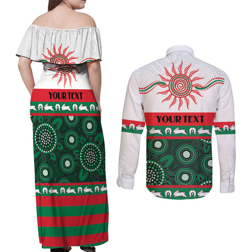 Rabbitohs NAIDOC Week Personalised Couples Matching Off Shoulder Maxi Dress and Long Sleeve Button Shirt Aboriginal Torres Strait Islanders Vibe
