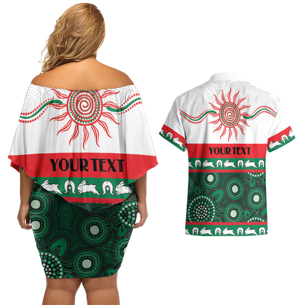 Rabbitohs NAIDOC Week Personalised Couples Matching Off Shoulder Short Dress and Hawaiian Shirt Aboriginal Torres Strait Islanders Vibe