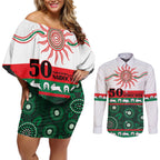 Rabbitohs NAIDOC Week Personalised Couples Matching Off Shoulder Short Dress and Long Sleeve Button Shirt Aboriginal Torres Strait Islanders Vibe