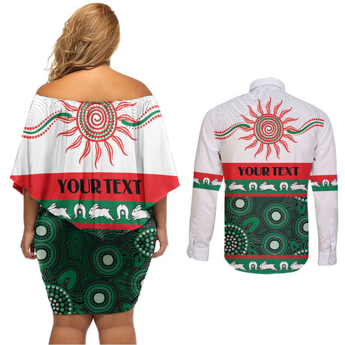 Rabbitohs NAIDOC Week Personalised Couples Matching Off Shoulder Short Dress and Long Sleeve Button Shirt Aboriginal Torres Strait Islanders Vibe
