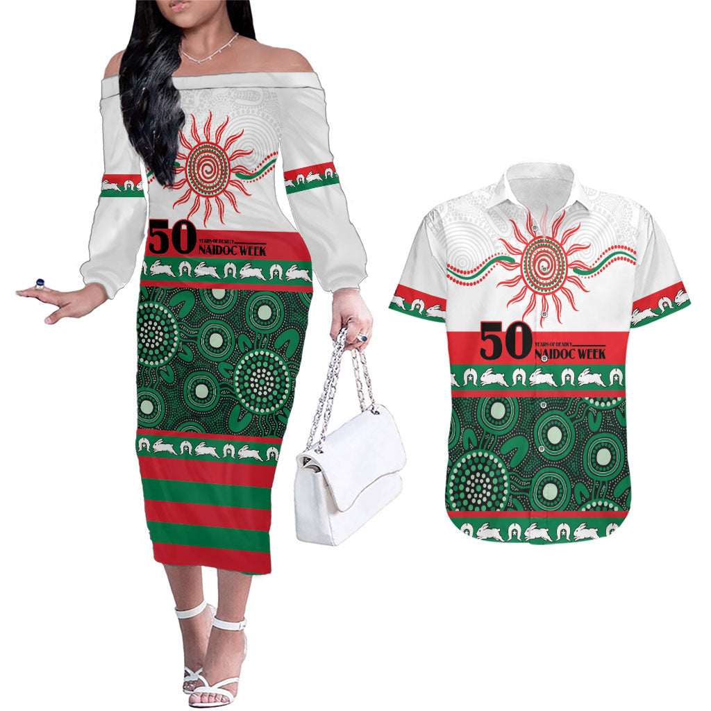 Rabbitohs NAIDOC Week Personalised Couples Matching Off The Shoulder Long Sleeve Dress and Hawaiian Shirt Aboriginal Torres Strait Islanders Vibe