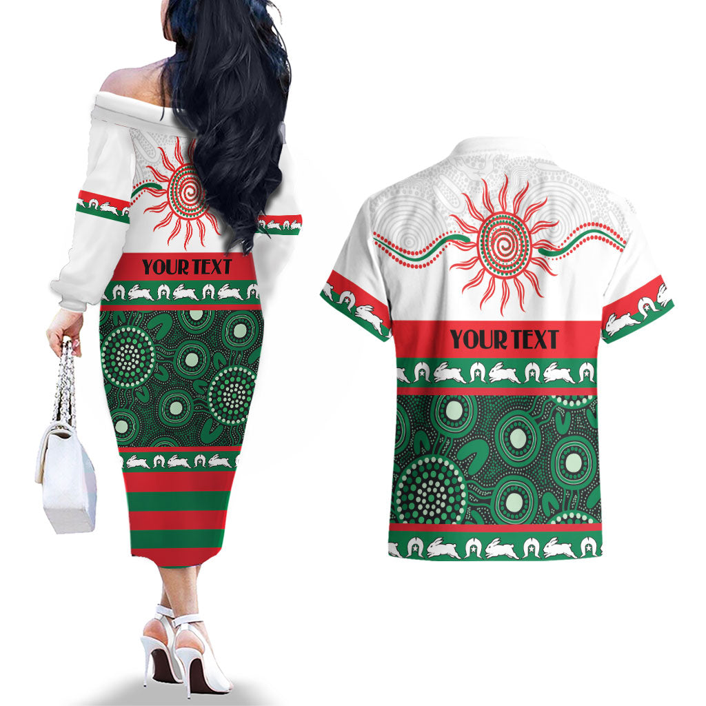 Rabbitohs NAIDOC Week Personalised Couples Matching Off The Shoulder Long Sleeve Dress and Hawaiian Shirt Aboriginal Torres Strait Islanders Vibe
