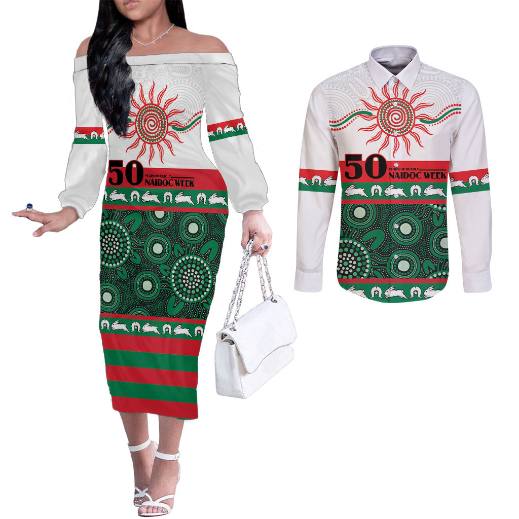 Rabbitohs NAIDOC Week Personalised Couples Matching Off The Shoulder Long Sleeve Dress and Long Sleeve Button Shirt Aboriginal Torres Strait Islanders Vibe
