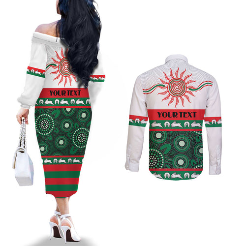 Rabbitohs NAIDOC Week Personalised Couples Matching Off The Shoulder Long Sleeve Dress and Long Sleeve Button Shirt Aboriginal Torres Strait Islanders Vibe