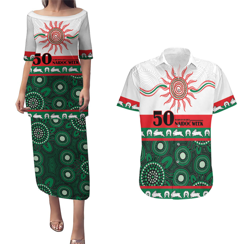 Rabbitohs NAIDOC Week Personalised Couples Matching Puletasi and Hawaiian Shirt Aboriginal Torres Strait Islanders Vibe