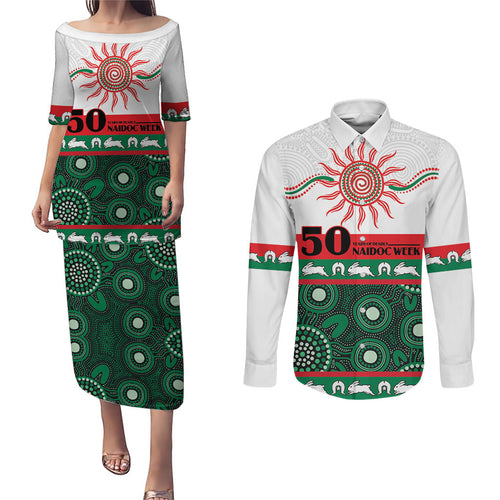 Rabbitohs NAIDOC Week Personalised Couples Matching Puletasi and Long Sleeve Button Shirt Aboriginal Torres Strait Islanders Vibe