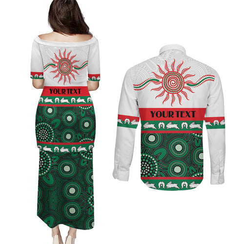 Rabbitohs NAIDOC Week Personalised Couples Matching Puletasi and Long Sleeve Button Shirt Aboriginal Torres Strait Islanders Vibe