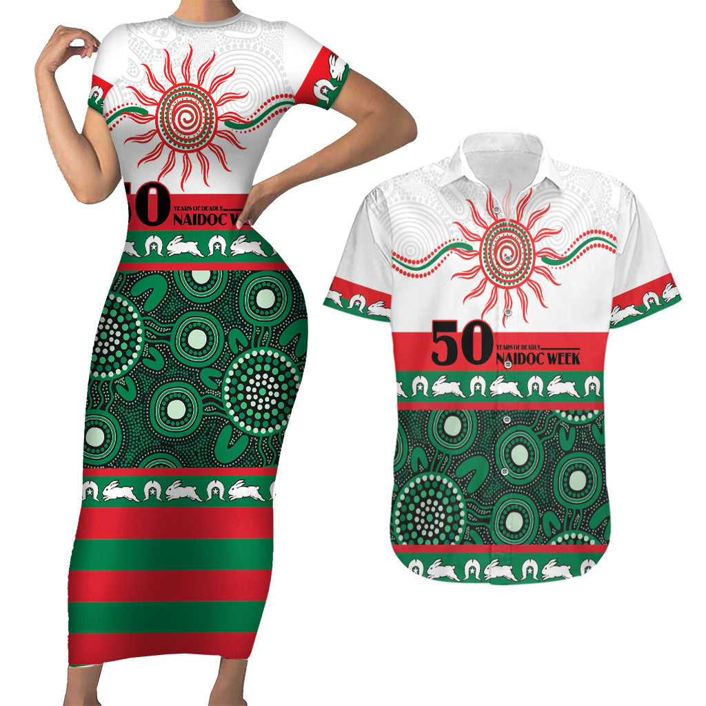 Rabbitohs NAIDOC Week Personalised Couples Matching Short Sleeve Bodycon Dress and Hawaiian Shirt Aboriginal Torres Strait Islanders Vibe
