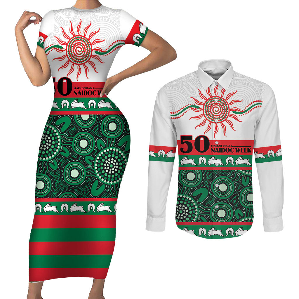Rabbitohs NAIDOC Week Personalised Couples Matching Short Sleeve Bodycon Dress and Long Sleeve Button Shirt Aboriginal Torres Strait Islanders Vibe