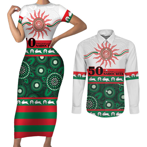 Rabbitohs NAIDOC Week Personalised Couples Matching Short Sleeve Bodycon Dress and Long Sleeve Button Shirt Aboriginal Torres Strait Islanders Vibe