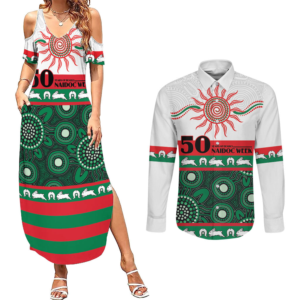 Rabbitohs NAIDOC Week Personalised Couples Matching Summer Maxi Dress and Long Sleeve Button Shirt Aboriginal Torres Strait Islanders Vibe