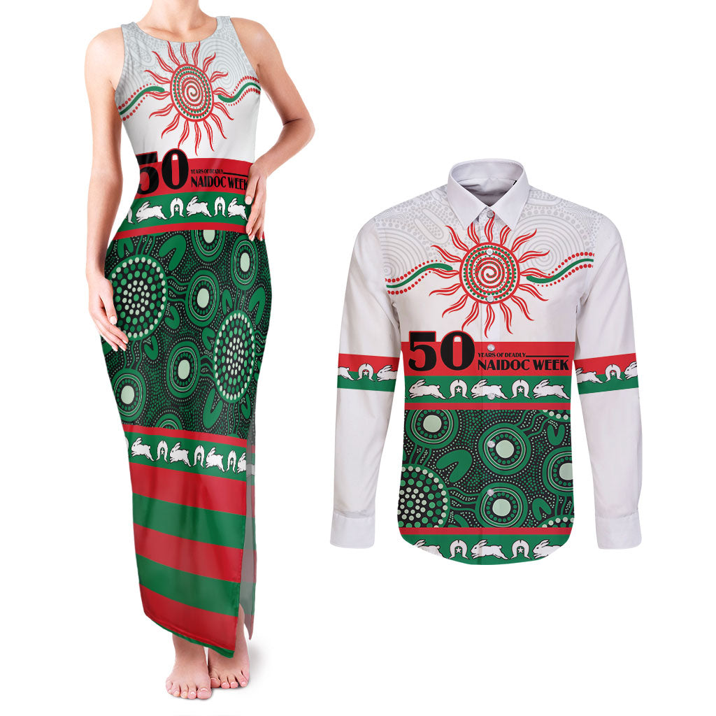 Rabbitohs NAIDOC Week Personalised Couples Matching Tank Maxi Dress and Long Sleeve Button Shirt Aboriginal Torres Strait Islanders Vibe