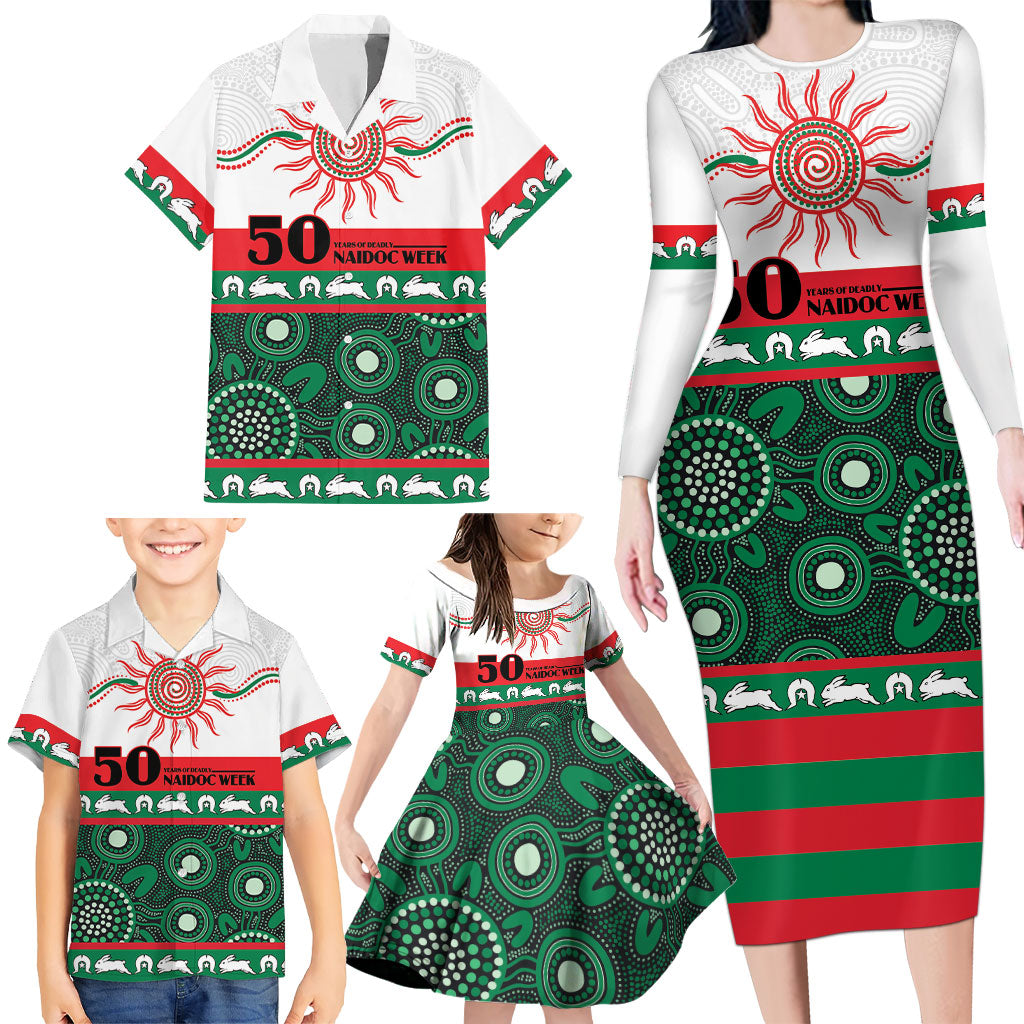 Rabbitohs NAIDOC Week Personalised Family Matching Long Sleeve Bodycon Dress and Hawaiian Shirt Aboriginal Torres Strait Islanders Vibe