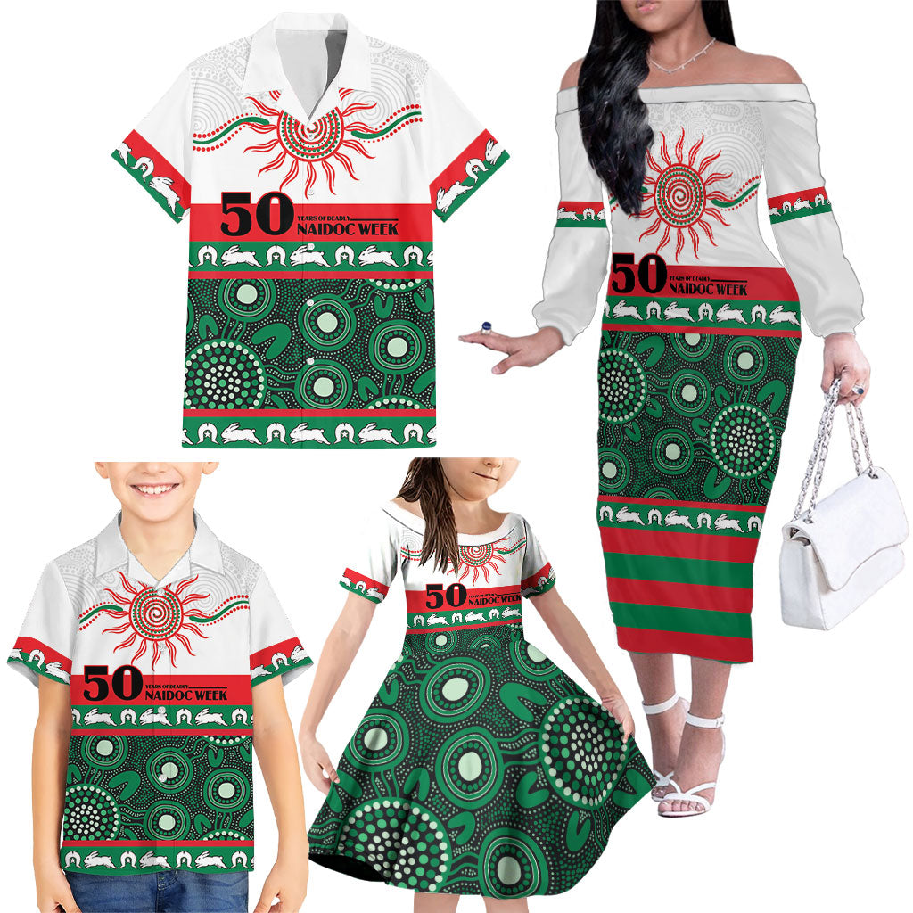 Rabbitohs NAIDOC Week Personalised Family Matching Off The Shoulder Long Sleeve Dress and Hawaiian Shirt Aboriginal Torres Strait Islanders Vibe