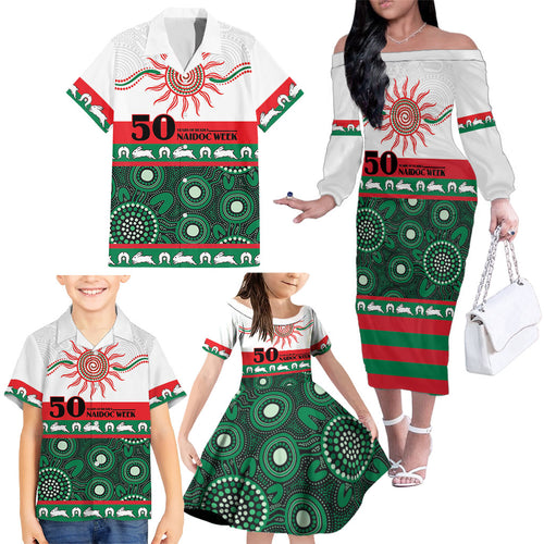 Rabbitohs NAIDOC Week Personalised Family Matching Off The Shoulder Long Sleeve Dress and Hawaiian Shirt Aboriginal Torres Strait Islanders Vibe