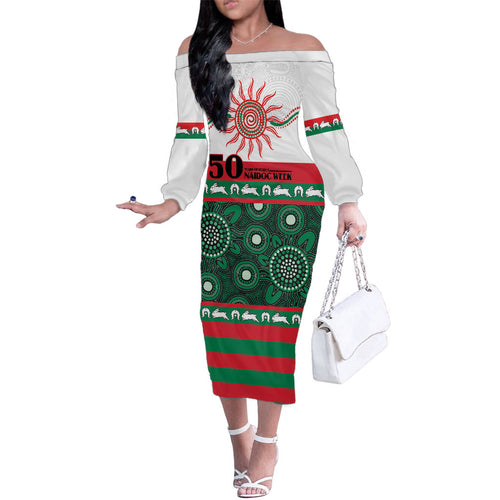 Rabbitohs NAIDOC Week Personalised Family Matching Off The Shoulder Long Sleeve Dress and Hawaiian Shirt Aboriginal Torres Strait Islanders Vibe