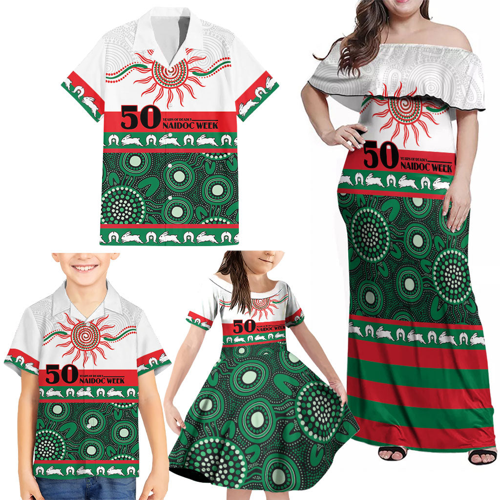Rabbitohs NAIDOC Week Personalised Family Matching Off Shoulder Maxi Dress and Hawaiian Shirt Aboriginal Torres Strait Islanders Vibe
