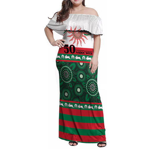 Rabbitohs NAIDOC Week Personalised Family Matching Off Shoulder Maxi Dress and Hawaiian Shirt Aboriginal Torres Strait Islanders Vibe