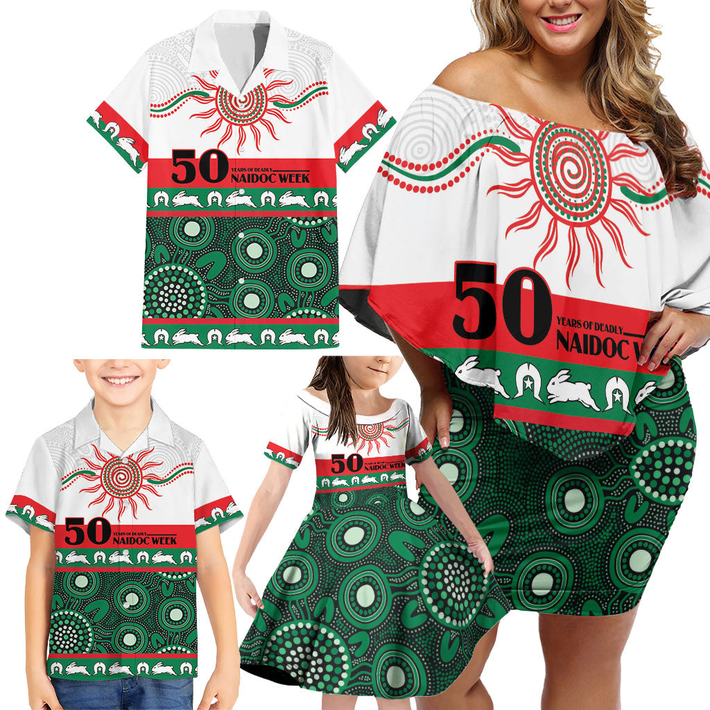 Rabbitohs NAIDOC Week Personalised Family Matching Off Shoulder Short Dress and Hawaiian Shirt Aboriginal Torres Strait Islanders Vibe