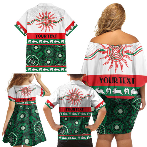 Rabbitohs NAIDOC Week Personalised Family Matching Off Shoulder Short Dress and Hawaiian Shirt Aboriginal Torres Strait Islanders Vibe