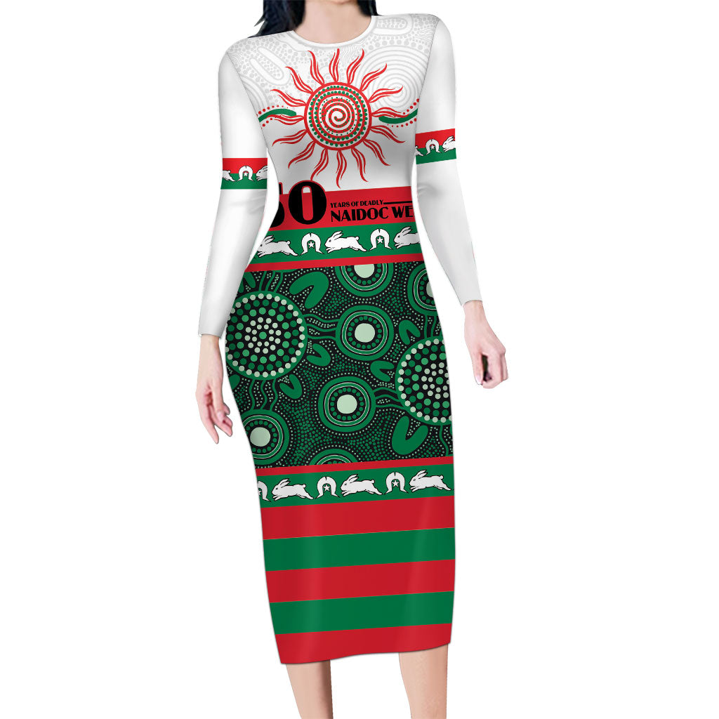 Rabbitohs NAIDOC Week Personalised Long Sleeve Bodycon Dress Aboriginal Torres Strait Islanders Vibe