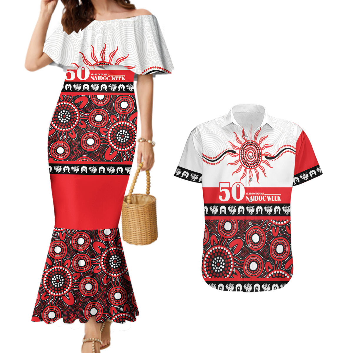 Dragons NAIDOC Week Personalised Couples Matching Mermaid Dress and Hawaiian Shirt Aboriginal Torres Strait Islanders Vibe