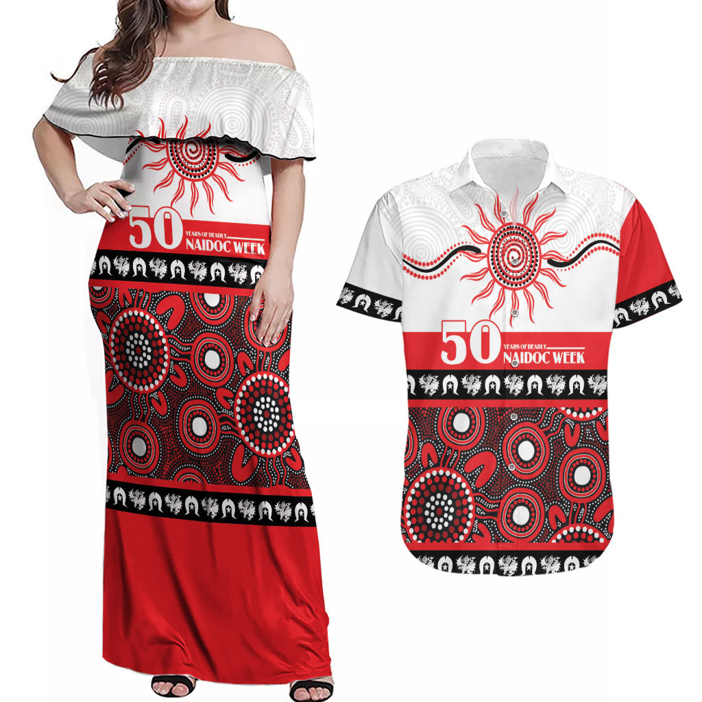 Dragons NAIDOC Week Personalised Couples Matching Off Shoulder Maxi Dress and Hawaiian Shirt Aboriginal Torres Strait Islanders Vibe