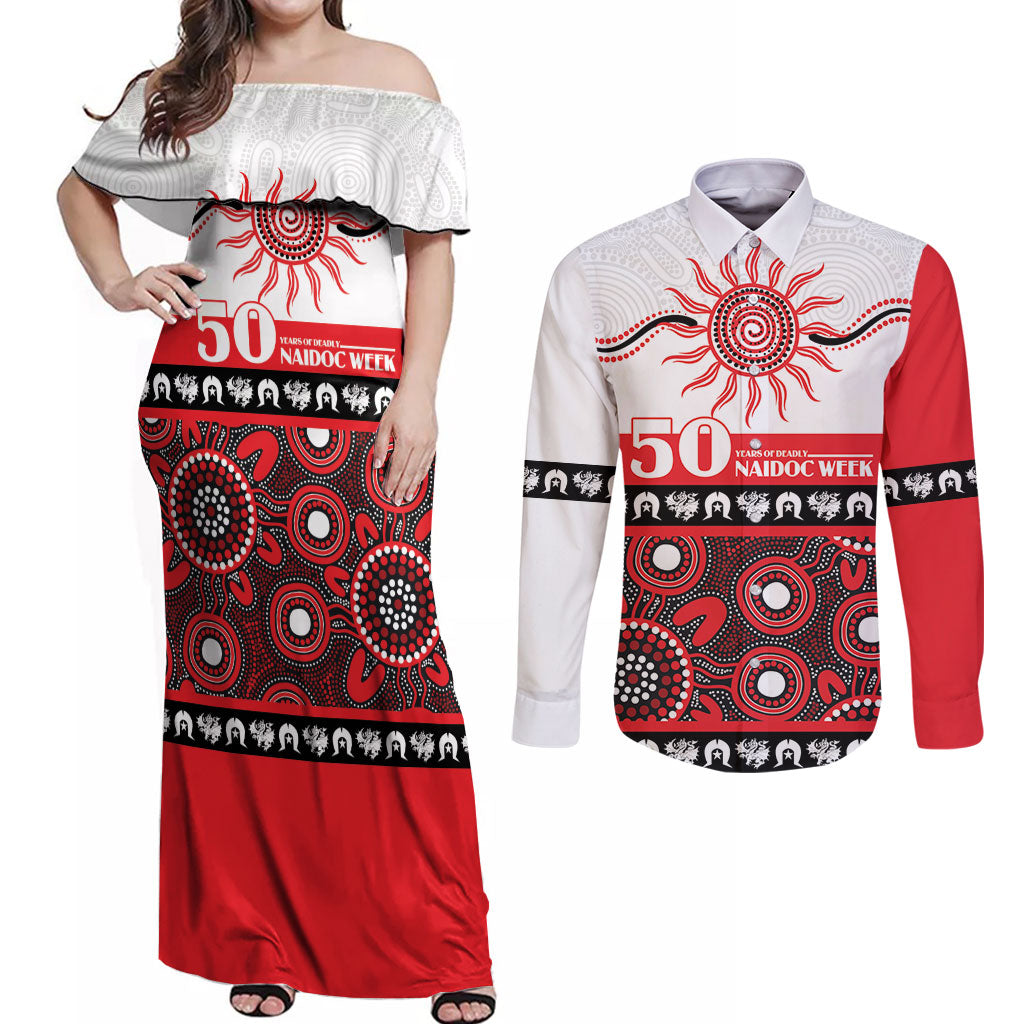 Dragons NAIDOC Week Personalised Couples Matching Off Shoulder Maxi Dress and Long Sleeve Button Shirt Aboriginal Torres Strait Islanders Vibe