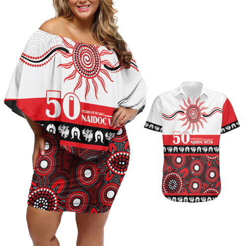 Dragons NAIDOC Week Personalised Couples Matching Off Shoulder Short Dress and Hawaiian Shirt Aboriginal Torres Strait Islanders Vibe