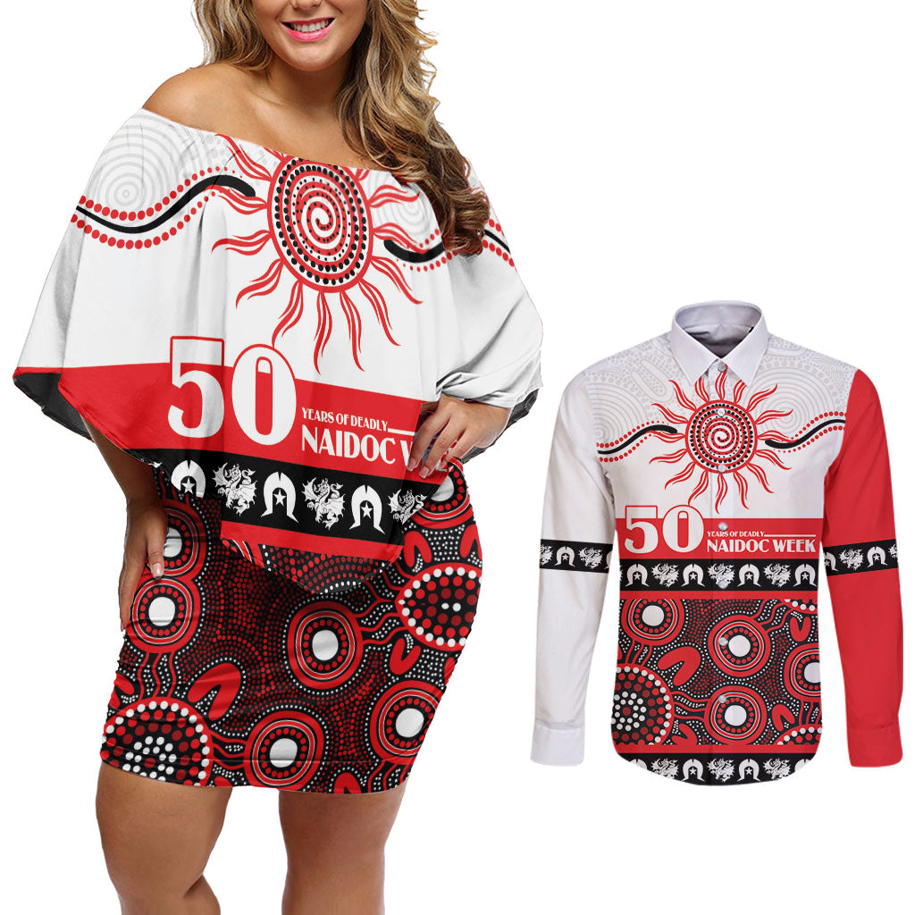Dragons NAIDOC Week Personalised Couples Matching Off Shoulder Short Dress and Long Sleeve Button Shirt Aboriginal Torres Strait Islanders Vibe