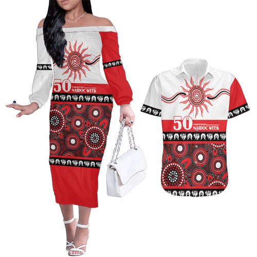 Dragons NAIDOC Week Personalised Couples Matching Off The Shoulder Long Sleeve Dress and Hawaiian Shirt Aboriginal Torres Strait Islanders Vibe