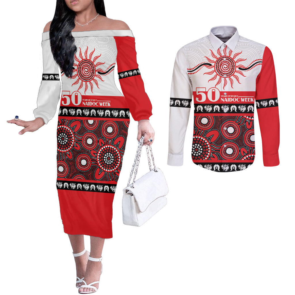 Dragons NAIDOC Week Personalised Couples Matching Off The Shoulder Long Sleeve Dress and Long Sleeve Button Shirt Aboriginal Torres Strait Islanders Vibe