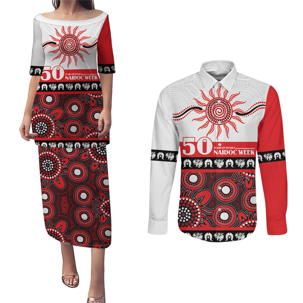 Dragons NAIDOC Week Personalised Couples Matching Puletasi and Long Sleeve Button Shirt Aboriginal Torres Strait Islanders Vibe