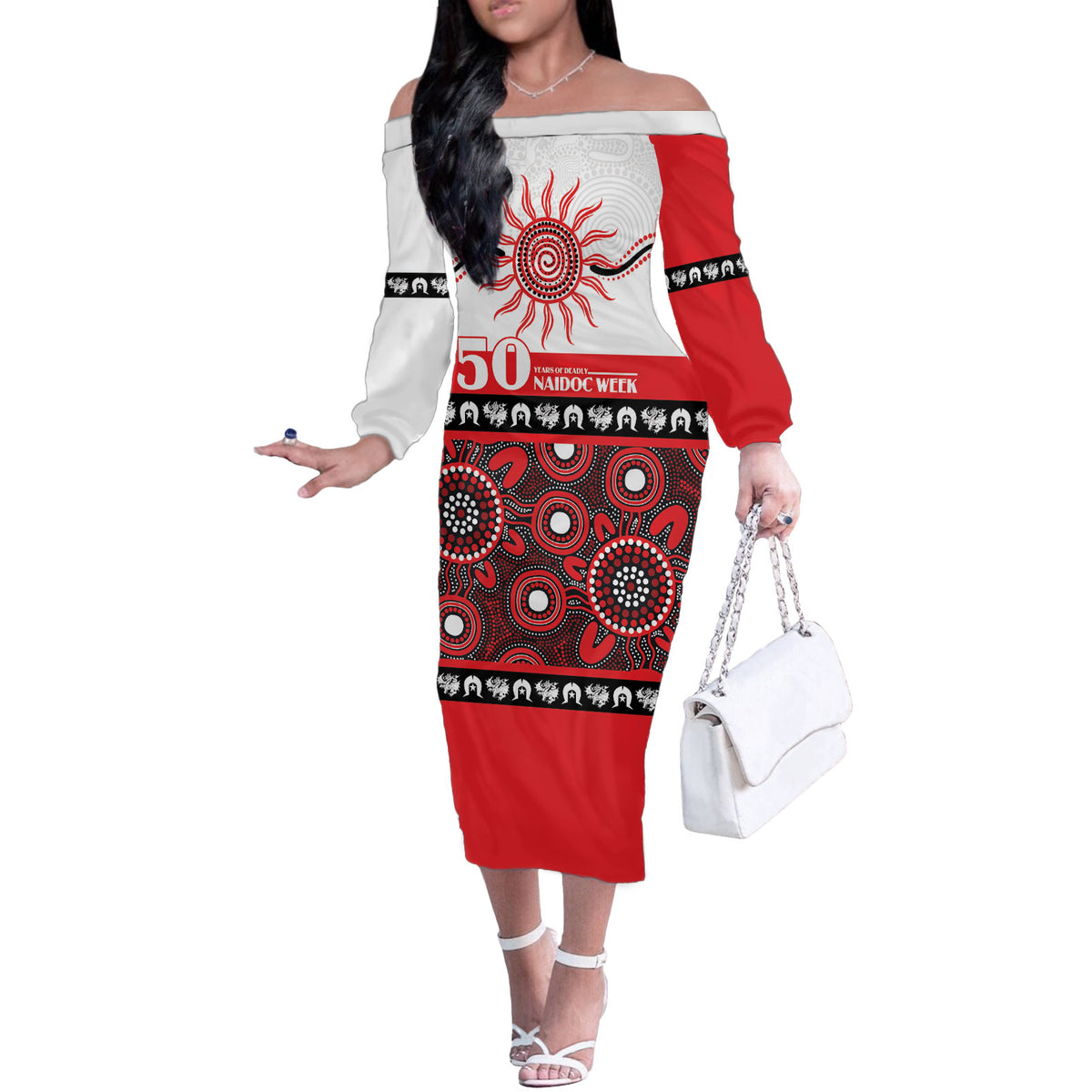 Dragons NAIDOC Week Personalised Off The Shoulder Long Sleeve Dress Aboriginal Torres Strait Islanders Vibe