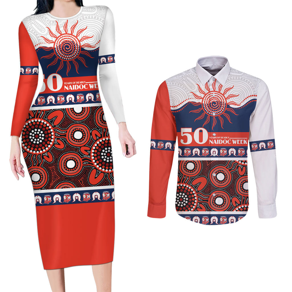 Roosters NAIDOC Week Personalised Couples Matching Long Sleeve Bodycon Dress and Long Sleeve Button Shirt Aboriginal Torres Strait Islanders Vibe