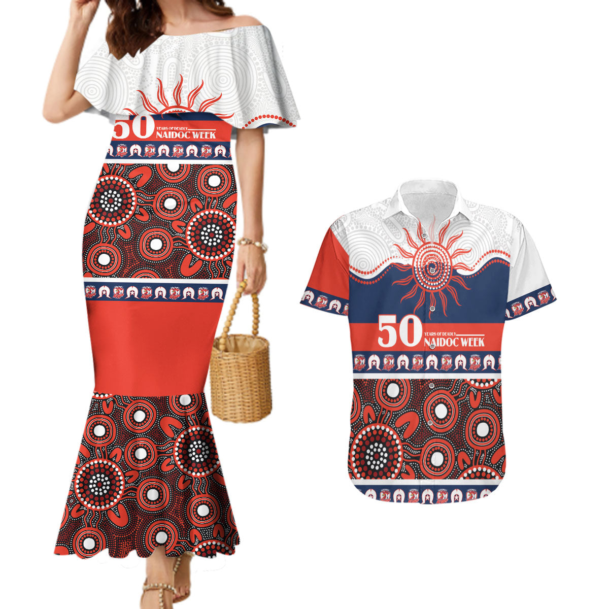 Roosters NAIDOC Week Personalised Couples Matching Mermaid Dress and Hawaiian Shirt Aboriginal Torres Strait Islanders Vibe