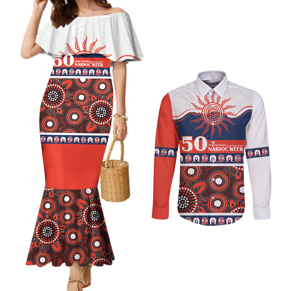 Roosters NAIDOC Week Personalised Couples Matching Mermaid Dress and Long Sleeve Button Shirt Aboriginal Torres Strait Islanders Vibe