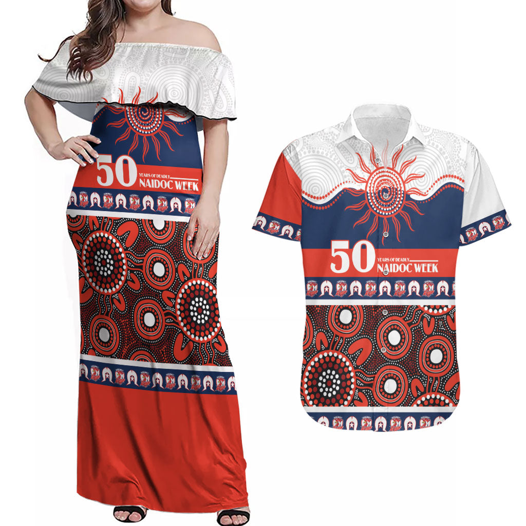 Roosters NAIDOC Week Personalised Couples Matching Off Shoulder Maxi Dress and Hawaiian Shirt Aboriginal Torres Strait Islanders Vibe