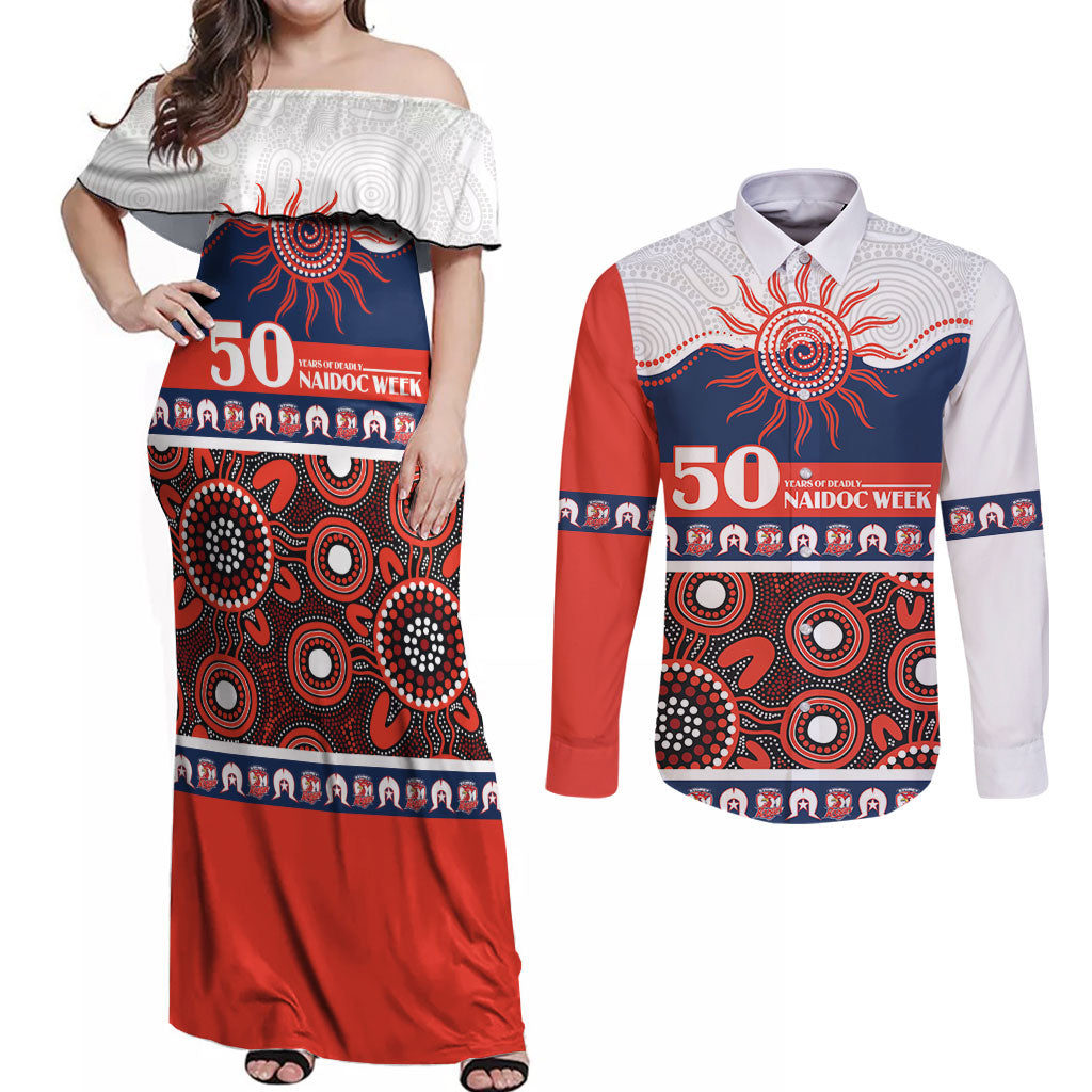 Roosters NAIDOC Week Personalised Couples Matching Off Shoulder Maxi Dress and Long Sleeve Button Shirt Aboriginal Torres Strait Islanders Vibe