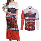 Roosters NAIDOC Week Personalised Couples Matching Off Shoulder Maxi Dress and Long Sleeve Button Shirt Aboriginal Torres Strait Islanders Vibe