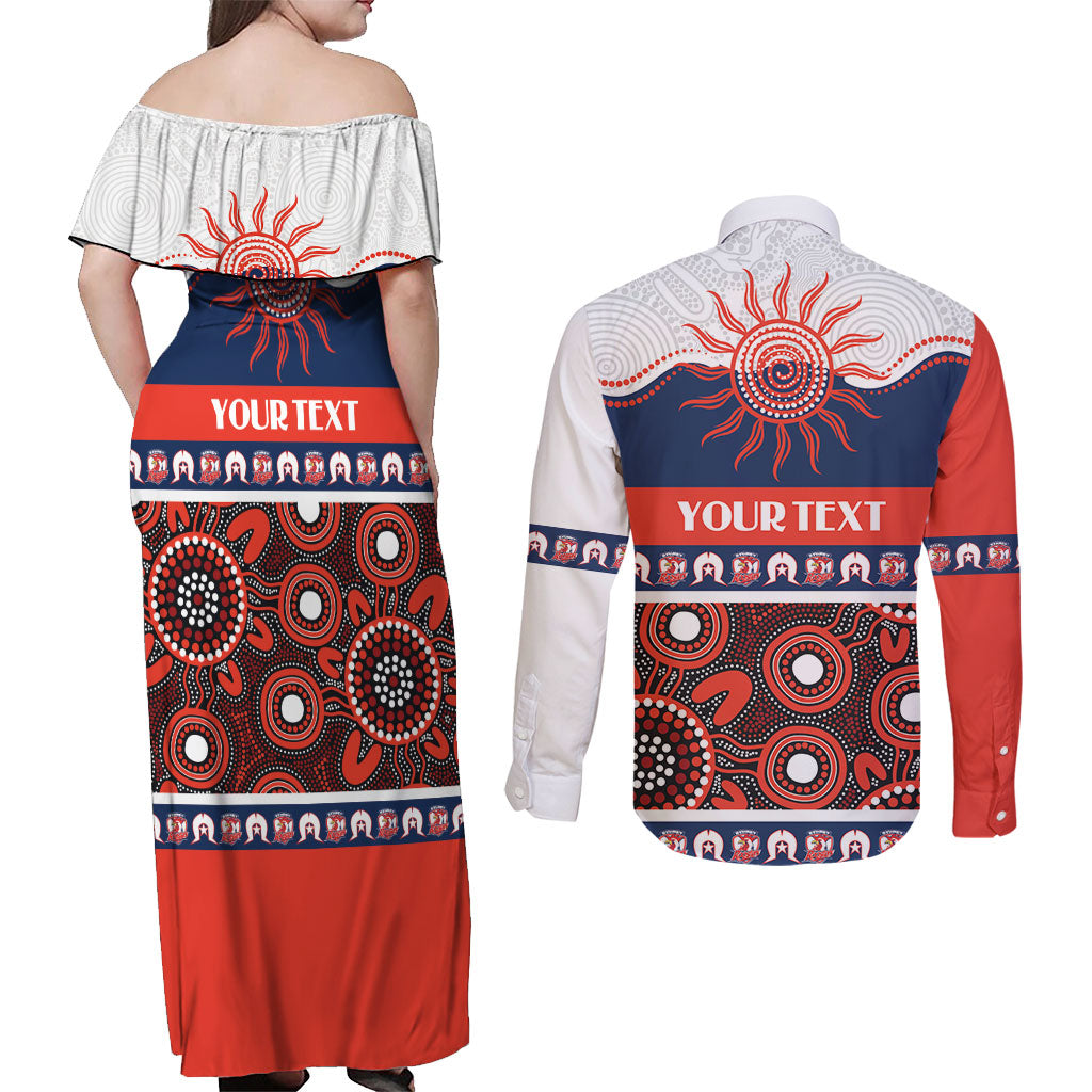 Roosters NAIDOC Week Personalised Couples Matching Off Shoulder Maxi Dress and Long Sleeve Button Shirt Aboriginal Torres Strait Islanders Vibe