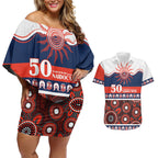 Roosters NAIDOC Week Personalised Couples Matching Off Shoulder Short Dress and Hawaiian Shirt Aboriginal Torres Strait Islanders Vibe