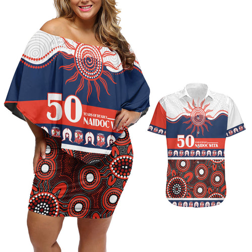 Roosters NAIDOC Week Personalised Couples Matching Off Shoulder Short Dress and Hawaiian Shirt Aboriginal Torres Strait Islanders Vibe