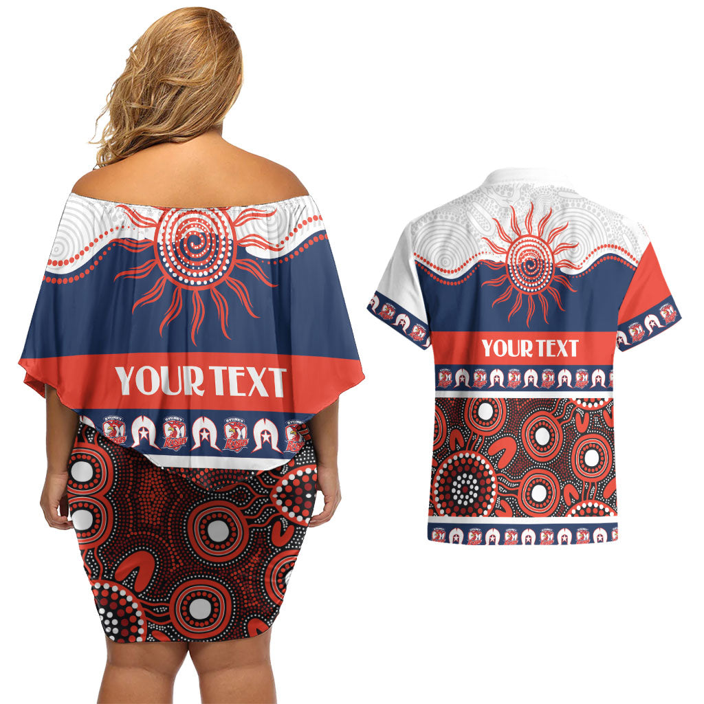 Roosters NAIDOC Week Personalised Couples Matching Off Shoulder Short Dress and Hawaiian Shirt Aboriginal Torres Strait Islanders Vibe