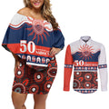 Roosters NAIDOC Week Personalised Couples Matching Off Shoulder Short Dress and Long Sleeve Button Shirt Aboriginal Torres Strait Islanders Vibe