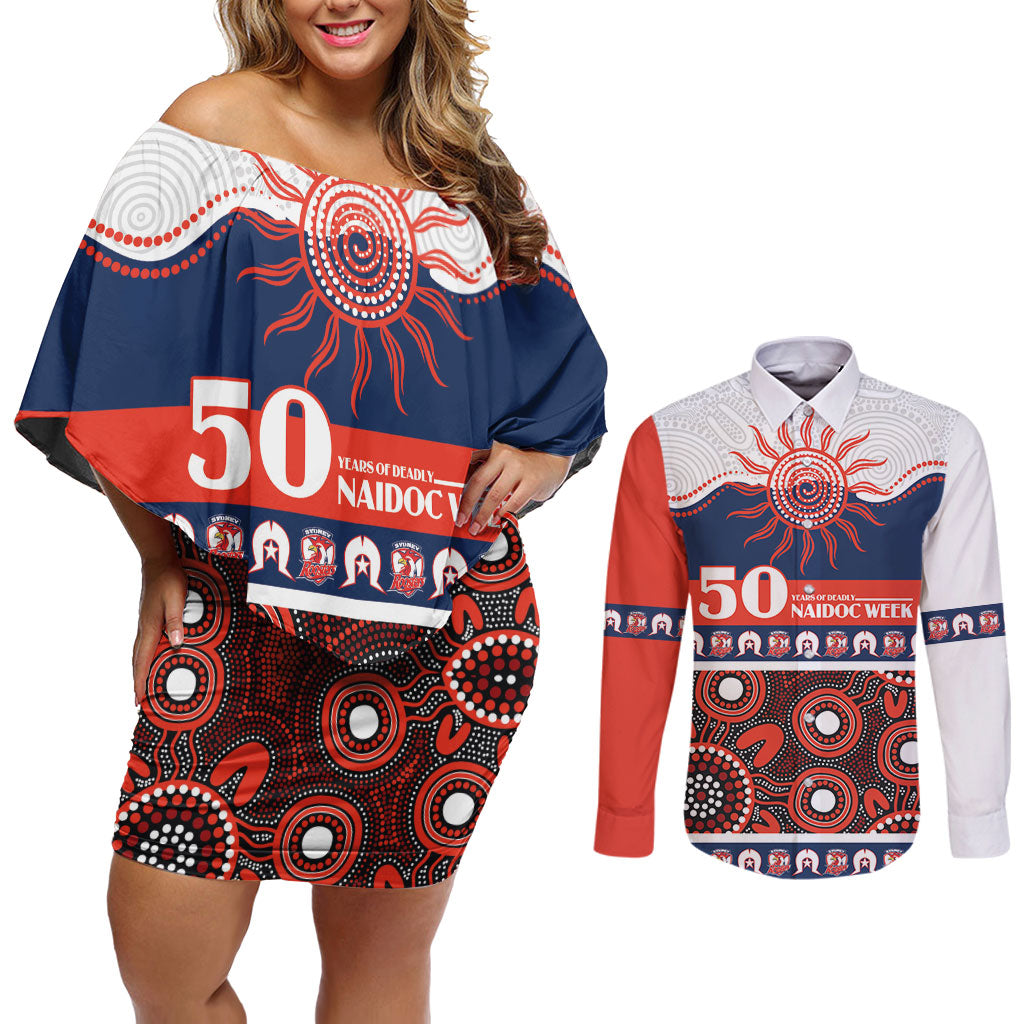 Roosters NAIDOC Week Personalised Couples Matching Off Shoulder Short Dress and Long Sleeve Button Shirt Aboriginal Torres Strait Islanders Vibe