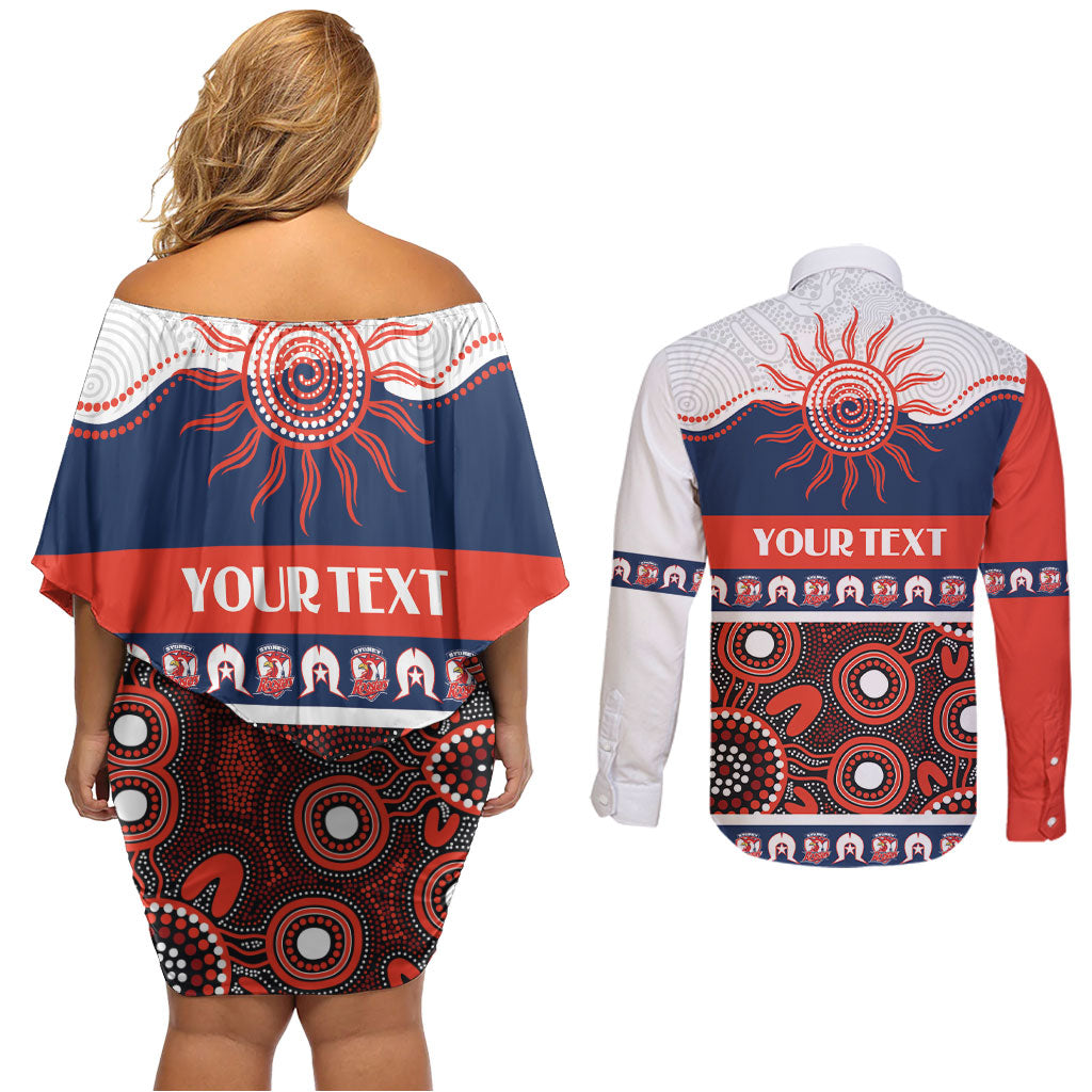Roosters NAIDOC Week Personalised Couples Matching Off Shoulder Short Dress and Long Sleeve Button Shirt Aboriginal Torres Strait Islanders Vibe