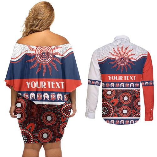 Roosters NAIDOC Week Personalised Couples Matching Off Shoulder Short Dress and Long Sleeve Button Shirt Aboriginal Torres Strait Islanders Vibe