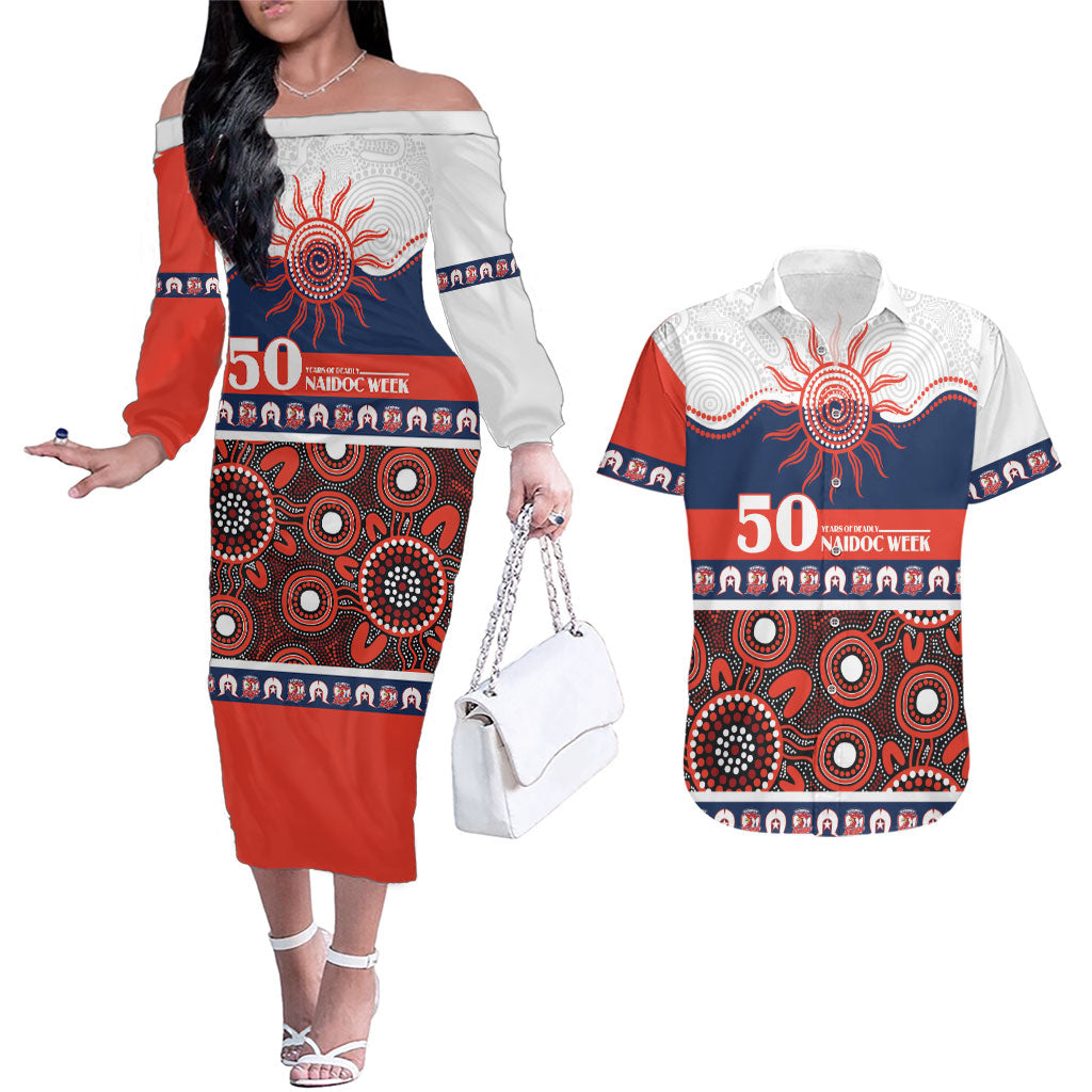 Roosters NAIDOC Week Personalised Couples Matching Off The Shoulder Long Sleeve Dress and Hawaiian Shirt Aboriginal Torres Strait Islanders Vibe
