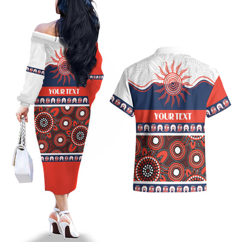 Roosters NAIDOC Week Personalised Couples Matching Off The Shoulder Long Sleeve Dress and Hawaiian Shirt Aboriginal Torres Strait Islanders Vibe